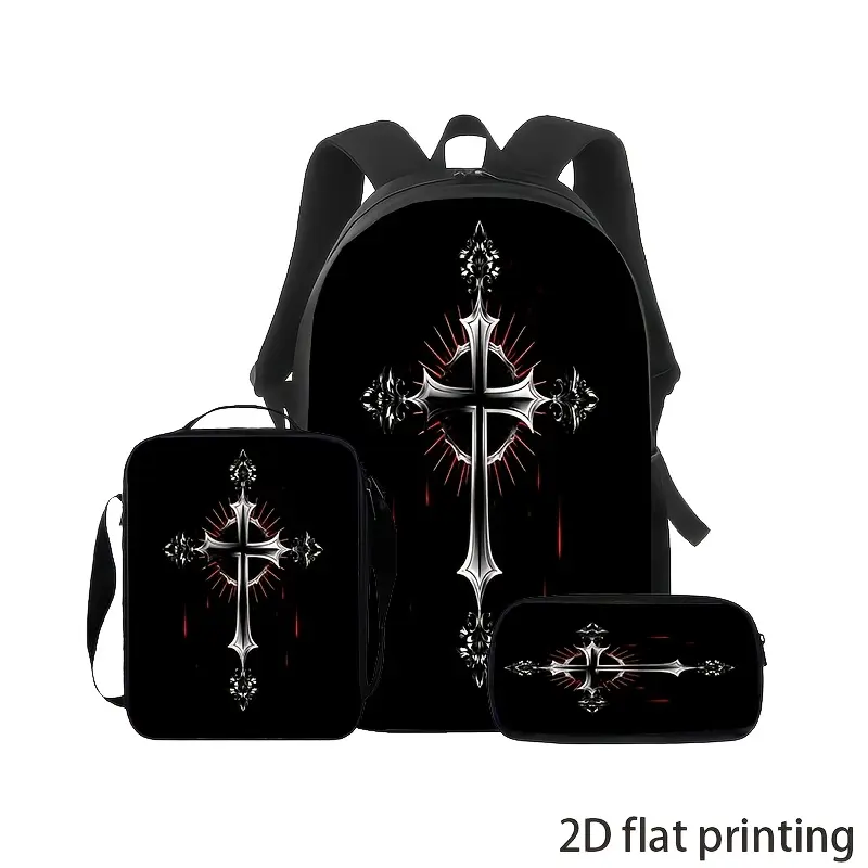 Black Cross Pattern Backpack 3pcs Set, Including a Backpack, Crossbody Bag, and Pencil Case. Features a Silvery Three-dimensional Cross Design with Red Lighting Effects, Offering a Cool and Fashionable Style. Suitable for Daily Commuting or Trendy