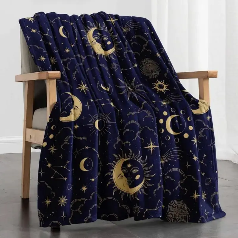 Soft Comfortable Funny Sun Moon Stars Flannel Throw Blanket,Celestial Blanket Navy Blue Night Sky,Astrology Constellation Print Cozy Blanket for Bed Couch Sofa,Aesthetic Room Decor Gift