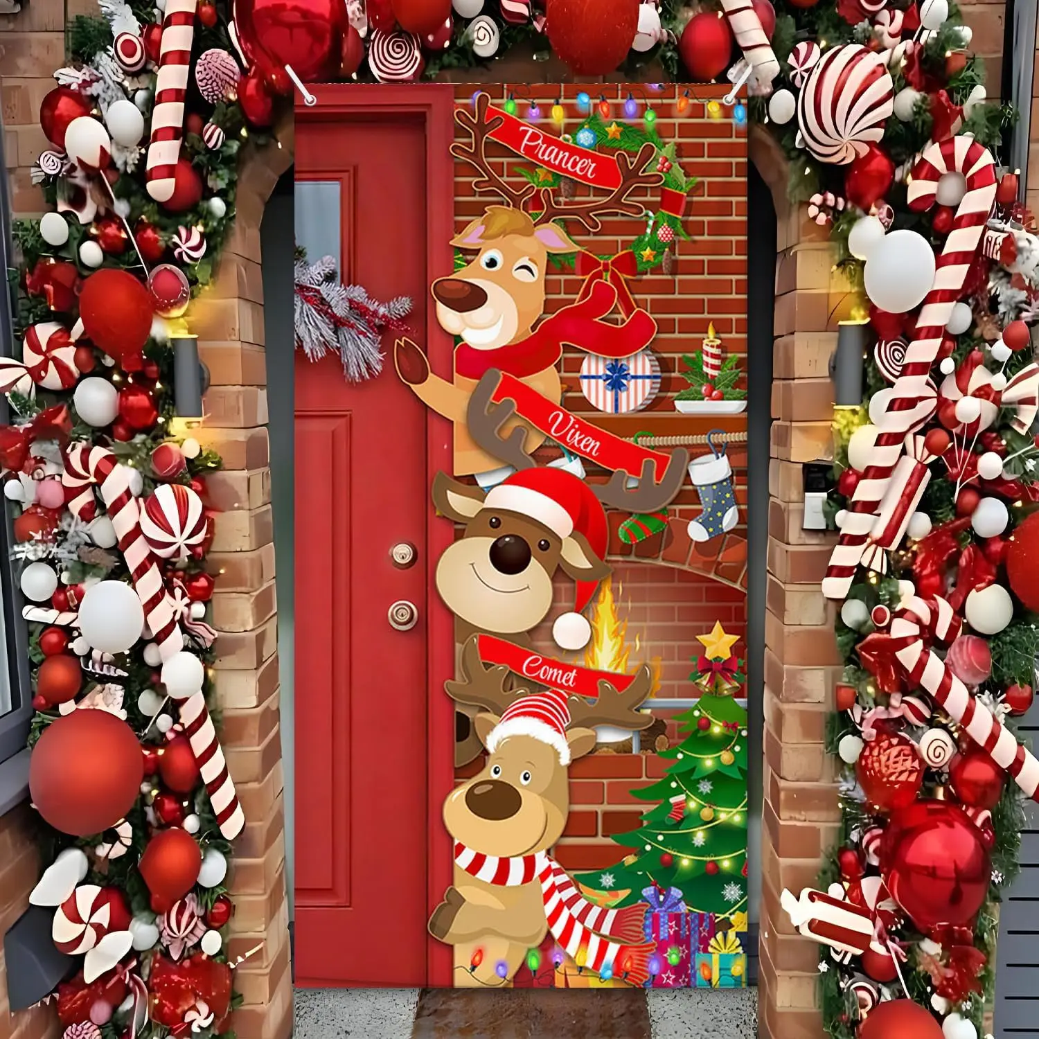 Funny Christmas Decorations Door Cover, Holiday Door Banner Decoration Santa's Stables Reindeer Backdrop for Xmas Christmas Indoor Outdoor Decor 5.9x3.6ft