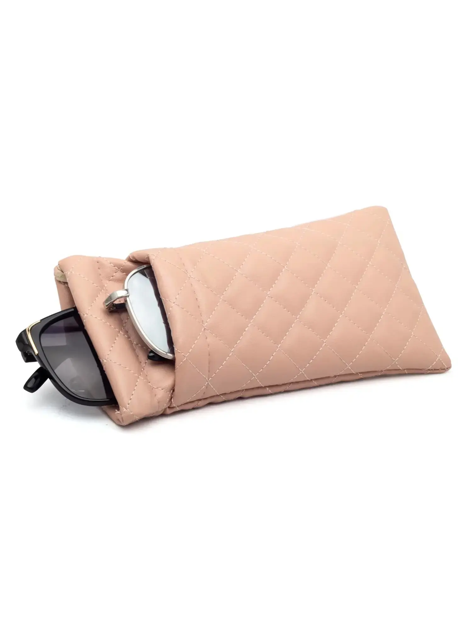 Diamond Quilted Leather Glasses Pouch, Squeeze Top Soft Eyeglasses Case, Portable Sunglasses Storage Bag for Travel and Daily Use