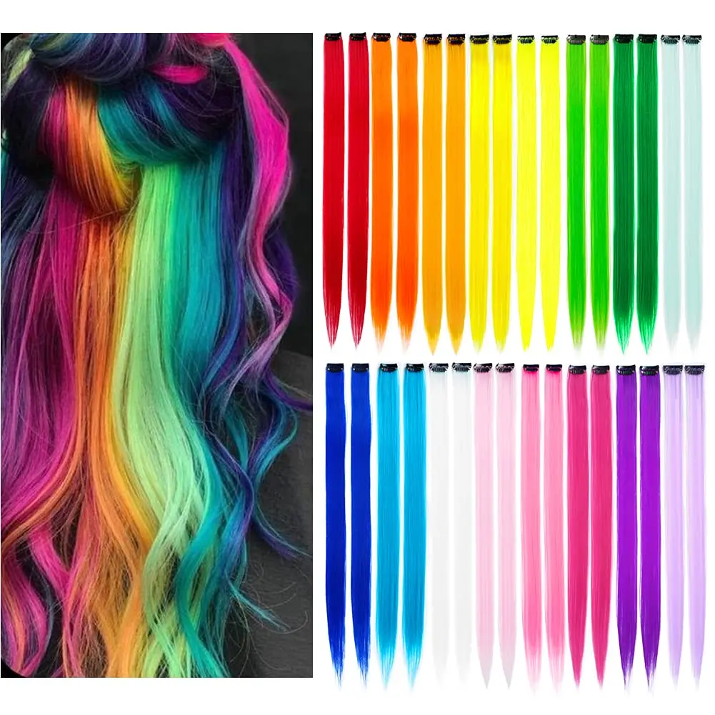 32Packs Colored Hair Extensions 20Inch Straight Clip-in Hair Extensions Rainbow Party Highlights Synthetic Hairpiece (16 Colors)