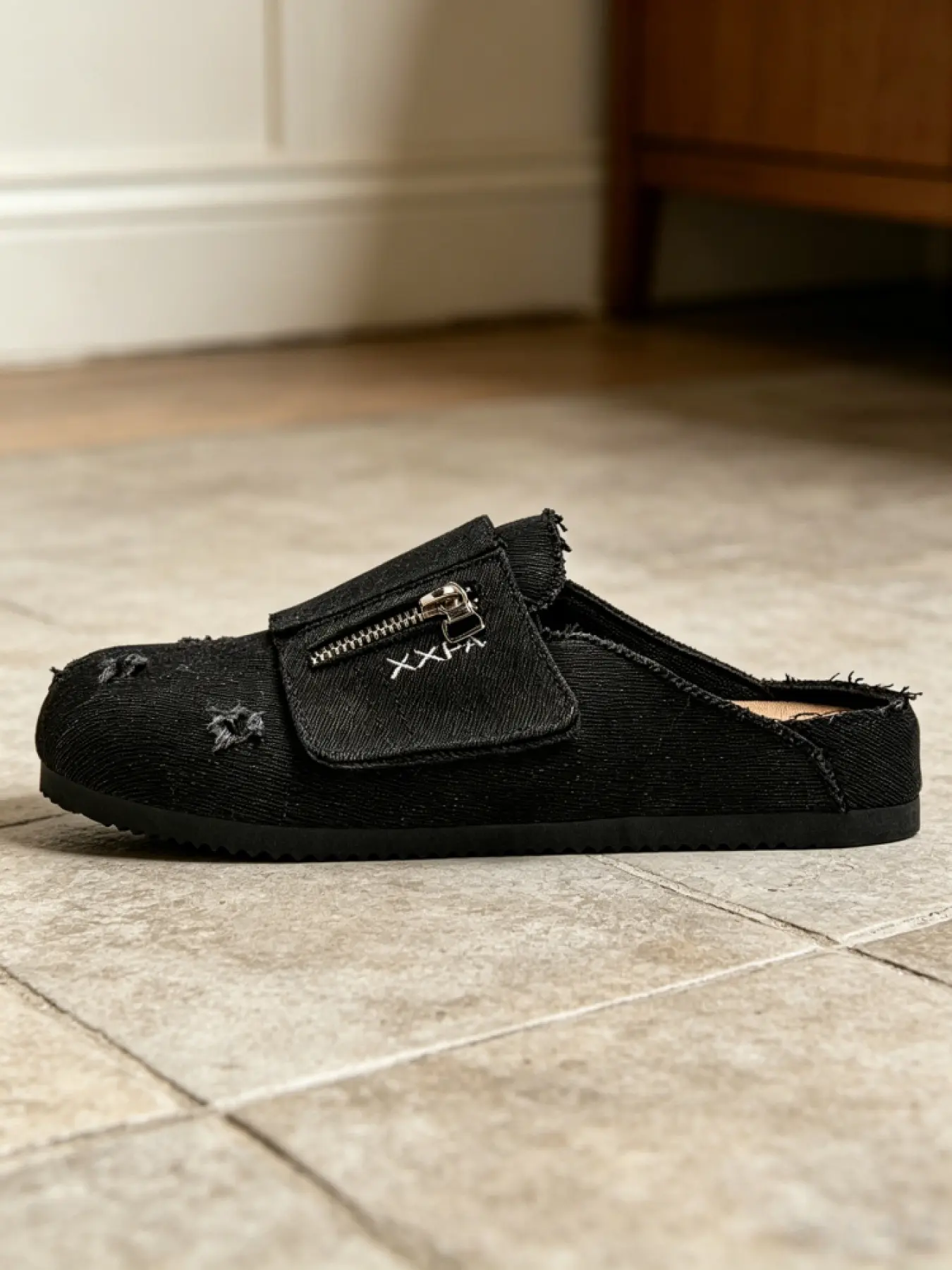 Men's 39-45 3 Colors Retro Denim Mule Slides, Washed Distressed Denim Upper, Zip Detail Velcro Strap Slip-ons For Daily Wear