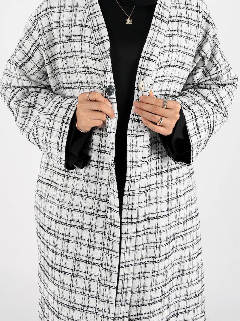 Women's Plaid Print Long Sleeve Coat, Elegant Loose Open Front Outerwear for Fall & Winter, Ladies Clothes for Daily Wear