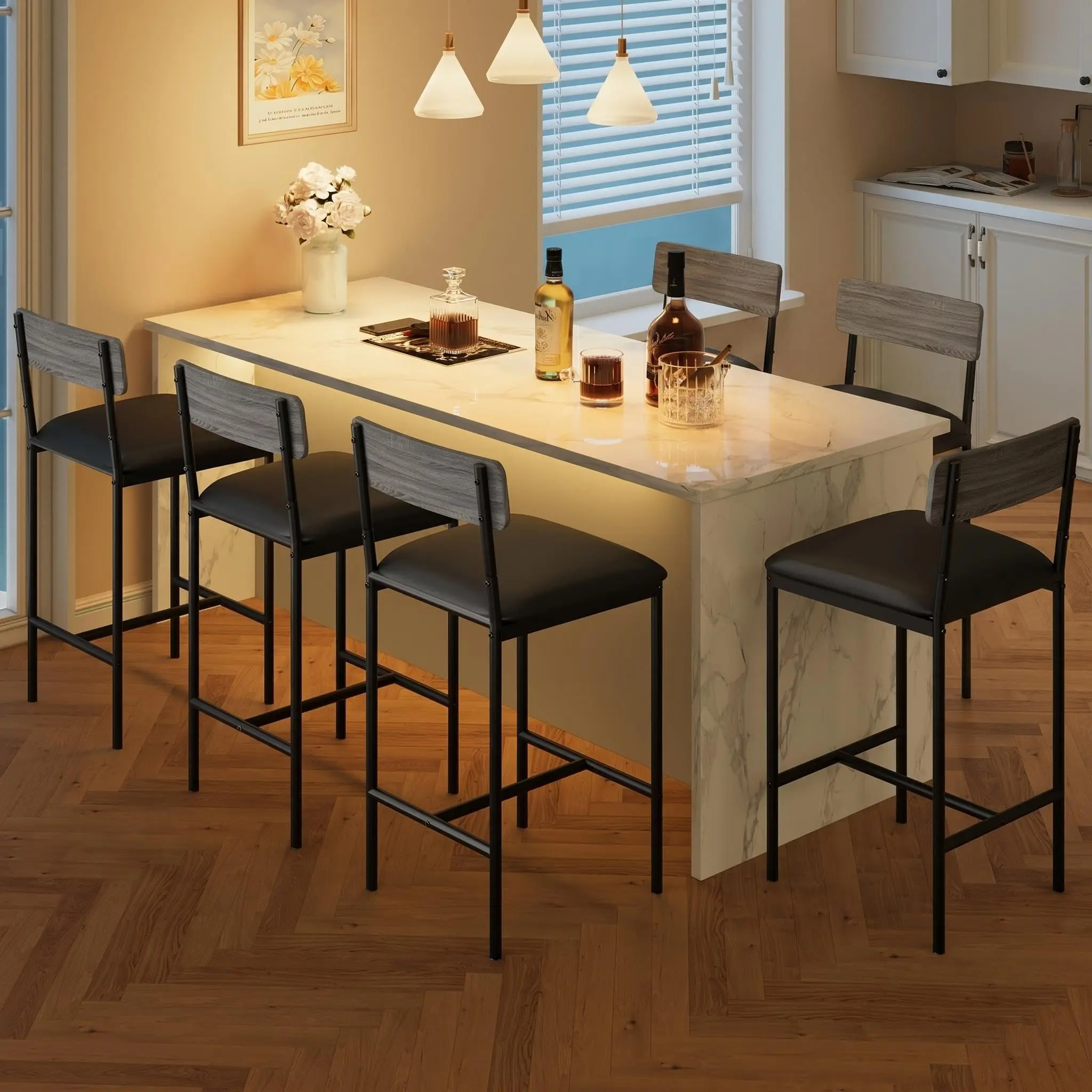 Grey Modern Bar Stools Set of 6 – Counter Height Faux Leather Bar Stools with Wood Backrest & Footrest, Industrial Bar Chairs for Kitchen Island & Home Bar
