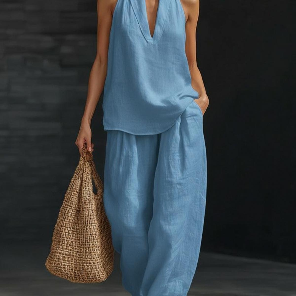 Boho Halter Neck Two Piece Set - Perfect for Beach & Vacation! Sleeveless Top Wide Leg Pants # TwoPieceSet # HalterNeck # WideLegPants # Sleeveless # SummerOutfit # BohoFashion # Outfit of the Day # WomensFashion # CasualWear