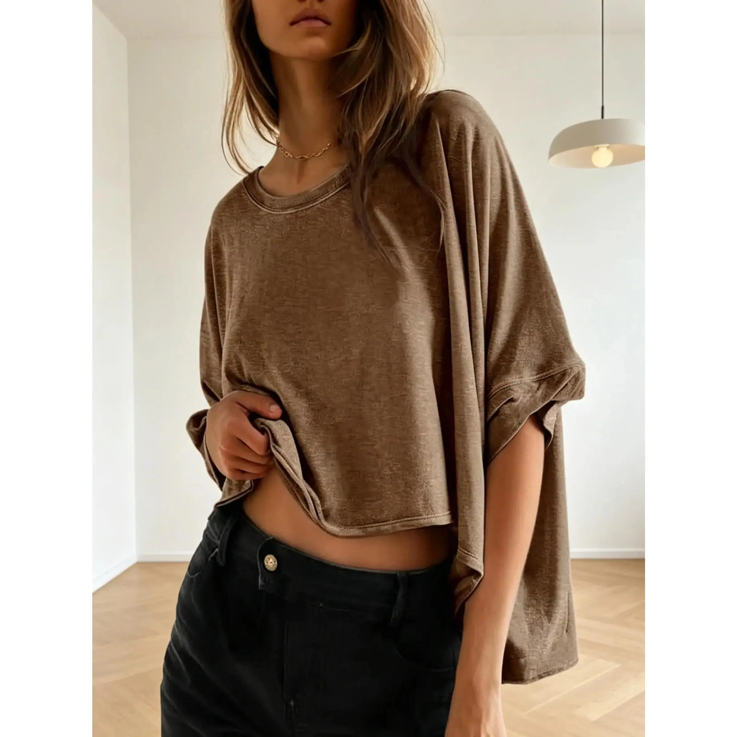 Womens Oversized Batwing Sleeve T-Shirt Asymmetrical Twisted Short Sleeve Crop Top 100% Polyester 2026 Summer Casual Streetwear Slouchy Draped Tee Effortless Everyday Apparel Basic Coffee Brown Y2K Flattering Flowy Blouse