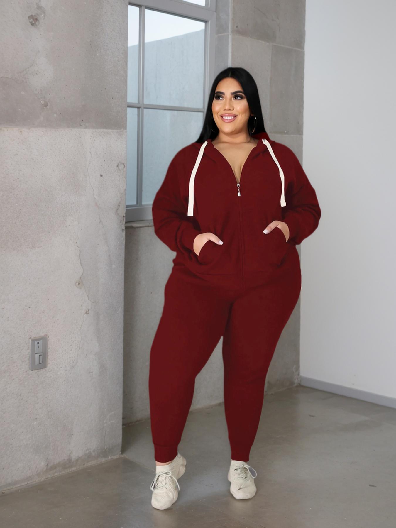【Plus Size】 Two-Piece Set Solid Zip Up Hooded Sweatshirt & Drawstring Waist Pants, Casual Long Sleeve Hooded Sweatshirt & Pocket Trousers for Daily Wear, Women's Two-piece Outfits for Fall & Winter, Clothing Sets