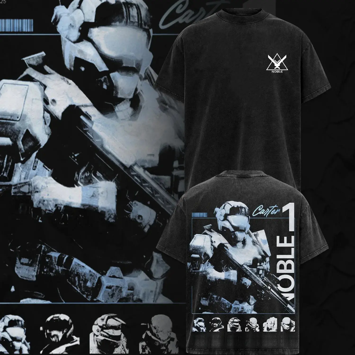 [Collection] Noble Team - Halo Reach Double Printed Oversize Lightweight Acid Washed Tee Game Graphic T-Shirt for Men  Day Wear Cotton Fabric - Jeans Vintage Gaming Retro style Black Tee Oversized Heavyweight Love Menswear appreciation humor casual summer