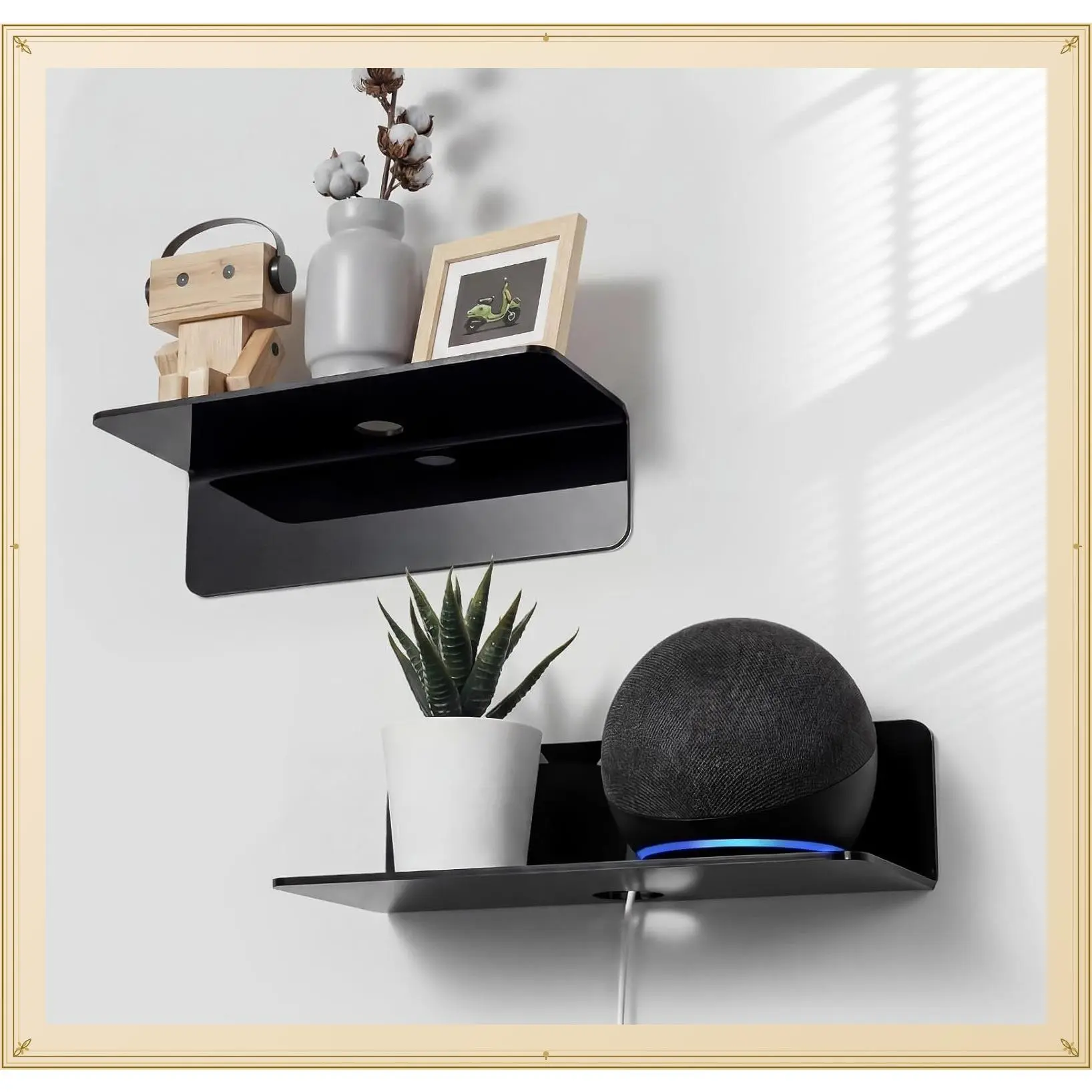 Acrylic Floating Wall Shelves Black, 9 Inch 2 Pack - No Drill Strong Adhesive Mount, Easy Installation, Hole Design with Cable Clips for Small Spaces Bedroom Bathroom Living RoomGift