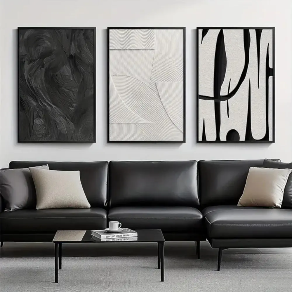 3 Pieces White Abstract Design Art Prints, Art Canvas Prints, Modern Minimalist Black Texture Wall Mural, Simple Artist Home Art, Contemporary Gallery Decor, Monochrome Painting, Wall Decor for Living Room and Bedroom, Framed or Unframed.