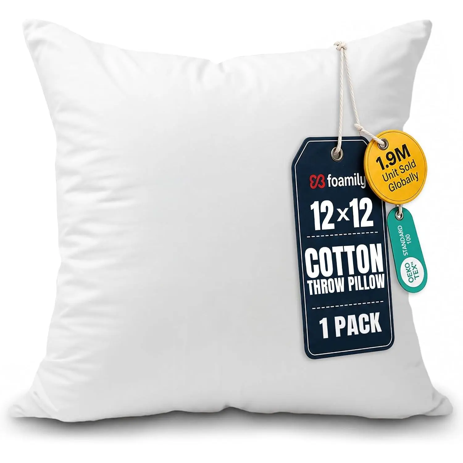12x12 Throw Pillow Insert with Cotton Cover, Down Alternative Fill, Machine Washable - Plush Cushion for Couch, Sofa, Bed, and Nursery Décor