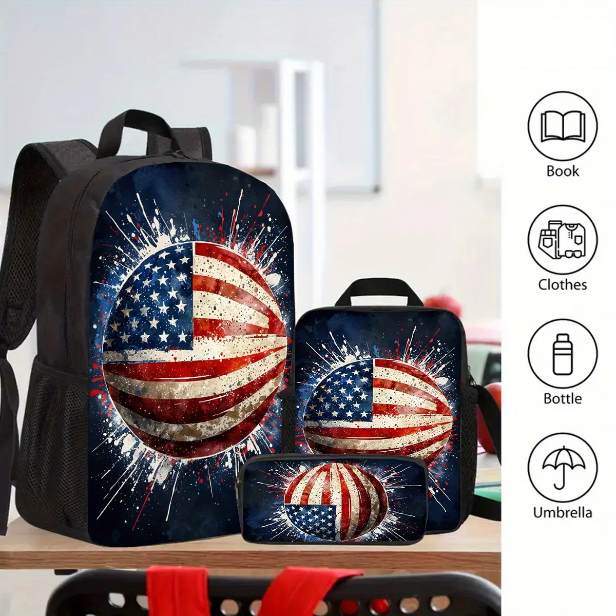 Three-Piece American Flag Backpack Set - Large Casual Laptop Bag with Water Bottle Pouch; Lightweight and Durable Student Backpack with Lunch Box and Pencil Case; Perfect Fall Gift; Adjustable Shoulder Straps; Vibrant Print Design
