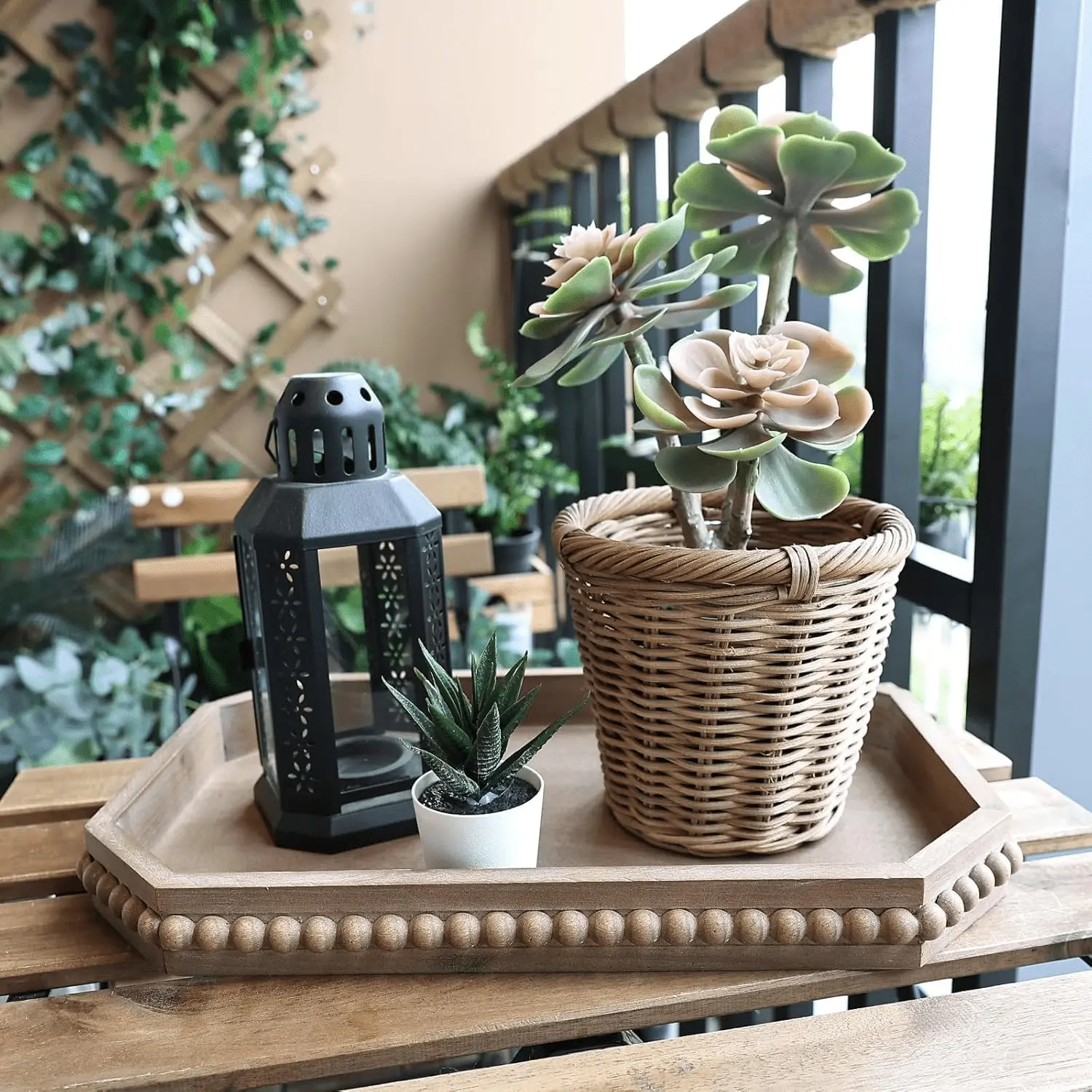 Wood Rustic Serving Tray with Beads, Farmhouse Brown Decorative Tray for Table Centerpiece, Christmas Wedding Halloween Home Decor (Non-Food Contact)