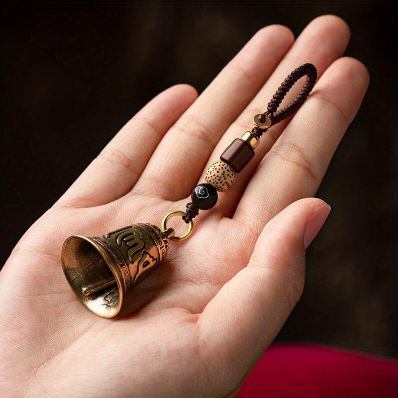 Vintage Brass Bell Pendant Keychain With Handmade Rope Lanyard, Six-Mantra Inspired Decorative Charm, Portable Hanging Ornament for Car Keys and Daily Bag Decoration