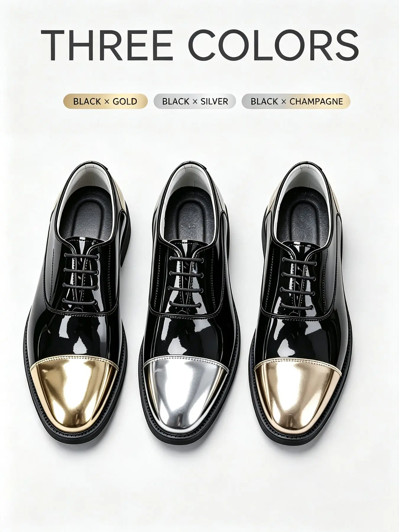 Men's Glossy Patchwork Pointed Toe Oxford Shoes, Business Formal Shoes, Gold Silver Champagne Colors, Thick Sole Laces, Party Suit Shoes
