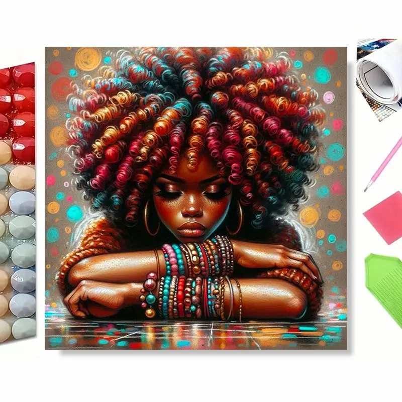 5D DIY Diamond Painting Kit, Stunning Art Portrait of Woman with Bright Multicolored Curly Hair, Layers of Hand‑crafted Bead Bracelets, Vivid Boho Cultural Artwork, Colorful Dot Background, Eye‑catching Wall Ornament for Home Decoration Holiday Gift