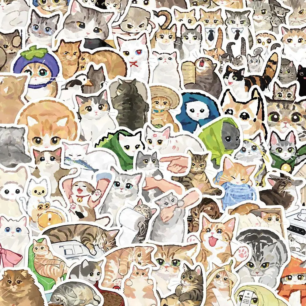 Kawaii Watercolor Cat Paper Stickers, 10/30/77pcs Multiple Packs for Luggage Phones Stationery, Kids Toy Accessories, Animal Kitten Graffiti Decals for DIY Scrapbooking Stamping