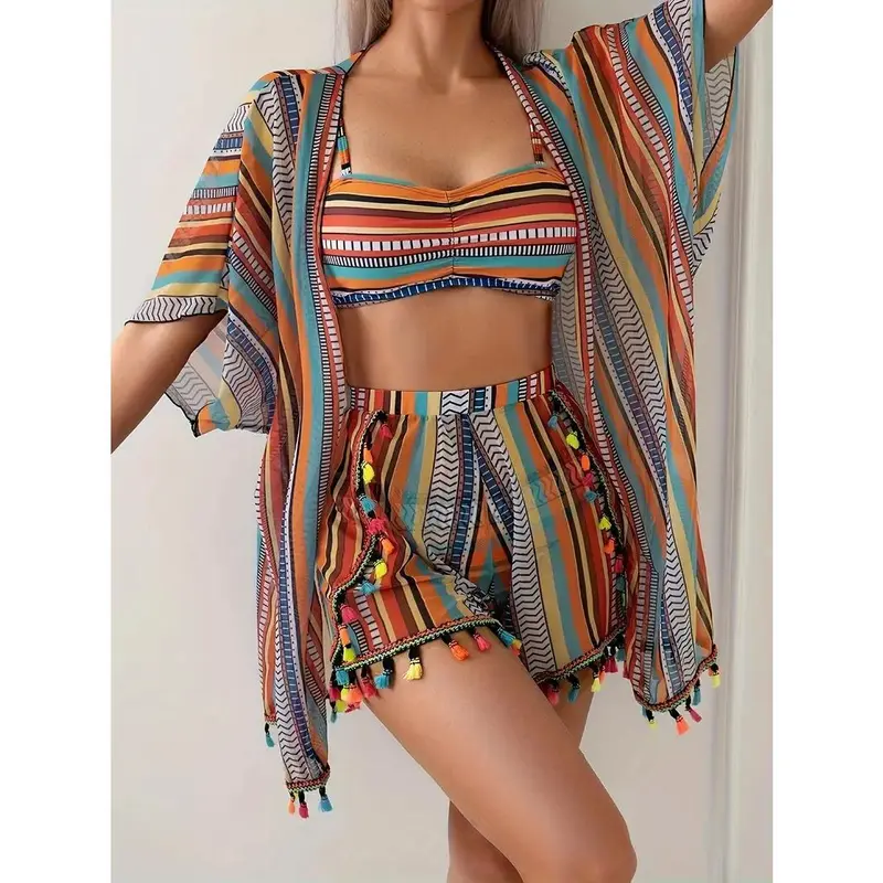 Women's 4 Pieces Bikini Set Swimsuit Tropical Beach Bikini Shorts Cover up Swimwear Bating Suit Hight Wasted Boho Tie-Front Bust Design #ValentinesDay