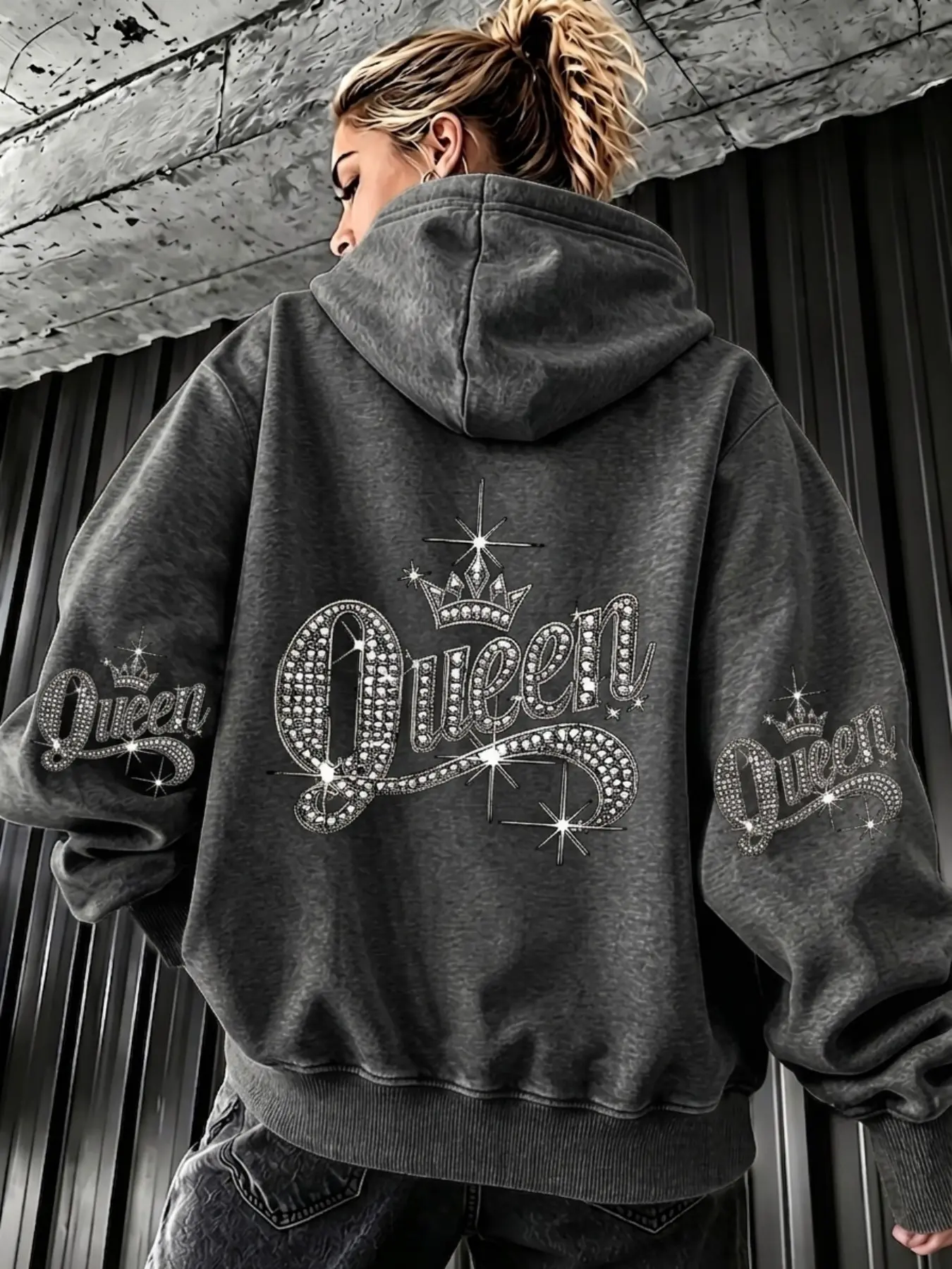 Y2K-style oversized, washed-finish hooded sweatshirt featuring a glamorous rhinestone-embellished crown graphic printed across the front, back, and hood—perfect for café visits or casual street-style commuting.