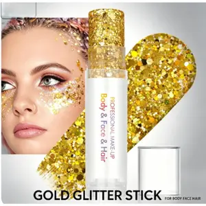 6 Colors Available! No Glue Needed Gold Holographic Glitter Stick, Easy to Apply & Remove, Face Body Hair Shimmer Glitter for Festival Rave Halloween