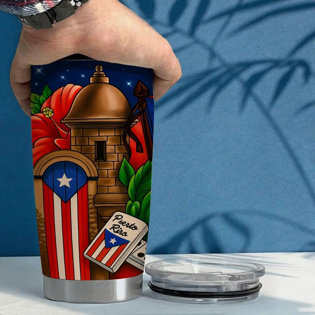 1pc 20oz Boricua Pride Leakproof Insulated Tumbler with Lid, Island Heritage Coqui and Dominoes Travel Mug, 304 Stainless Steel Car Cup Holder Friendly, Gift for Caribbean Soul, Tropical Vibe