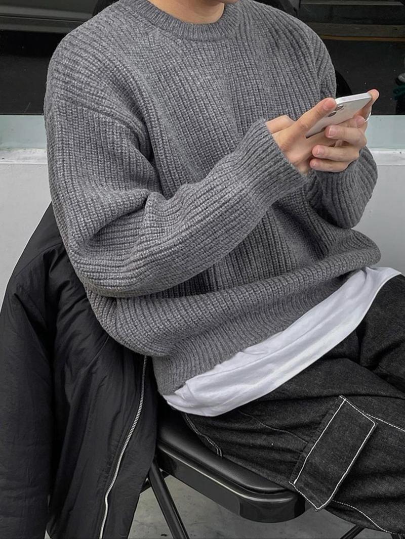 Men's Solid Drop-Shoulder Cable-Knit Sweater, Loose Casual Long-Sleeve Round-Neck Jumper for Fall & Winter, Fashion Knitwear for Daily Wear