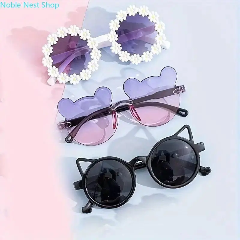 Unisex 3-Piece Cat-Eye Sunglasses Set - Flower & Bear Ear Decor, Flexible Frame, UV-Protection Lens, 100% UVA/UVB Protection, Lightweight Unique Eyewear, Cute Trendy Shades for Beach, Daily Play, Fun Holiday Gift, 100% Protection From Uva And Uvb