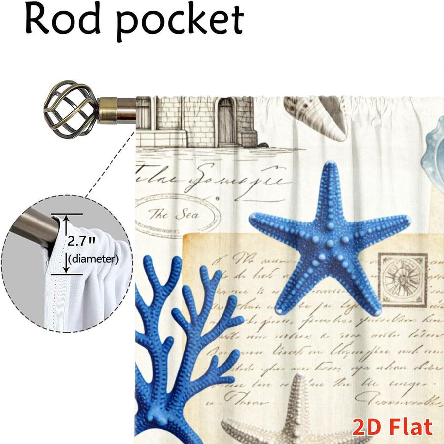 2Pcs Coastal Nautical Starfish Coral Lighthouse Pattern Sun Blocking Curtains Digital Printed Rod Pocket, Window Treatment For Bedroom Office Kitchen Living Room Study Home Decor