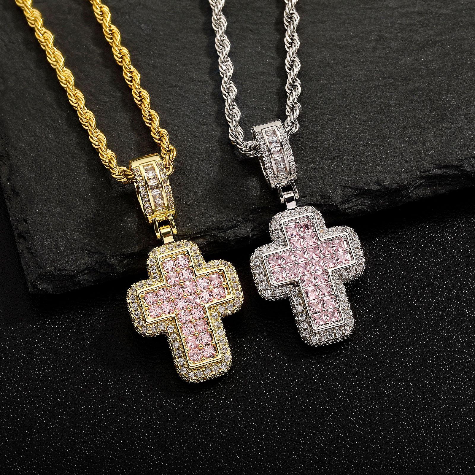 Hip-Hop Fashion T-Shaped Zircon Pink Cross Necklace, Unique European And American Street Style Accessory
