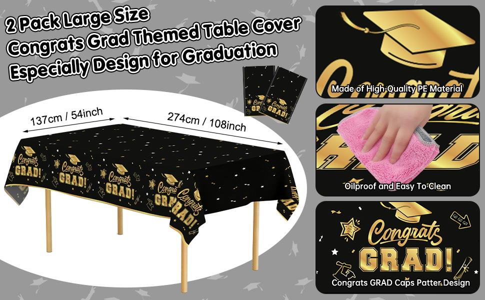 2 Pack Graduation Tablecloth - Congrats Grad Table Cloths, Plastic Disposable Rectangle Black Gold Class of 2026 Table Cover for Graduation Tables Decorations Party Decor Supplies Favors,108 x 54 Inch
