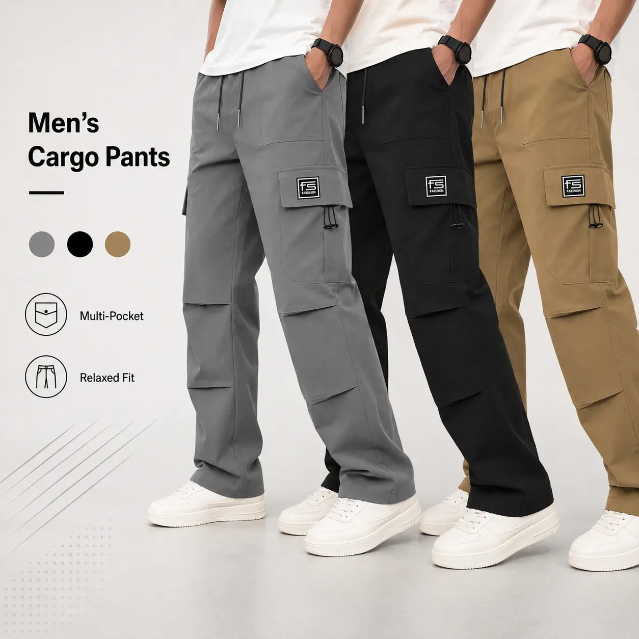 Men Multi Pocket Cargo Pants Elastic Drawstring Waist Loose Wide Leg Work Pants Lightweight Casual Streetwear Trousers For Daily Outdoor Wear