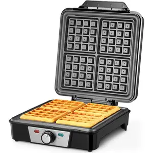 Belgian Waffle Maker 4 Slices, 1200W Anti-Overflow Waffle Iron with Browning Knob, Nonstick Plates, Indicator Lights, Silver/Black (Black, Silver)