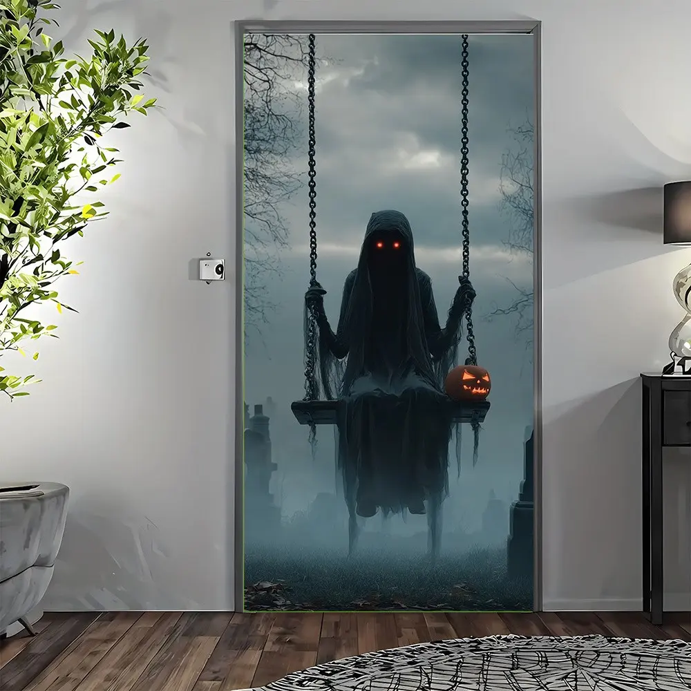 Halloween Spooky Ghost Swing Cemetery Door Backdrop Banner, Glow Eyes Pumpkin Light, Glowing Eyes, Indoor Outdoor Decor, Easy Install, No Power Needed, Party Home Decor