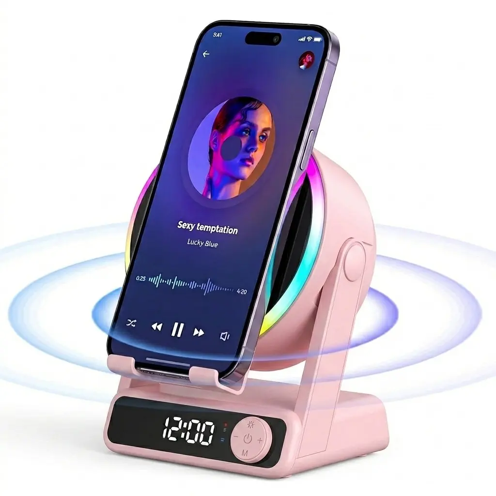 MFHHFM Induction Speaker with Phone Stand, 5 in 1 Bluetooth Speaker, Digital Alarm Clock, RGB LED Night Light, Stereo Phone Sound Amplifier for iPhone, Android Tablets, Gifts for Men Women Teens