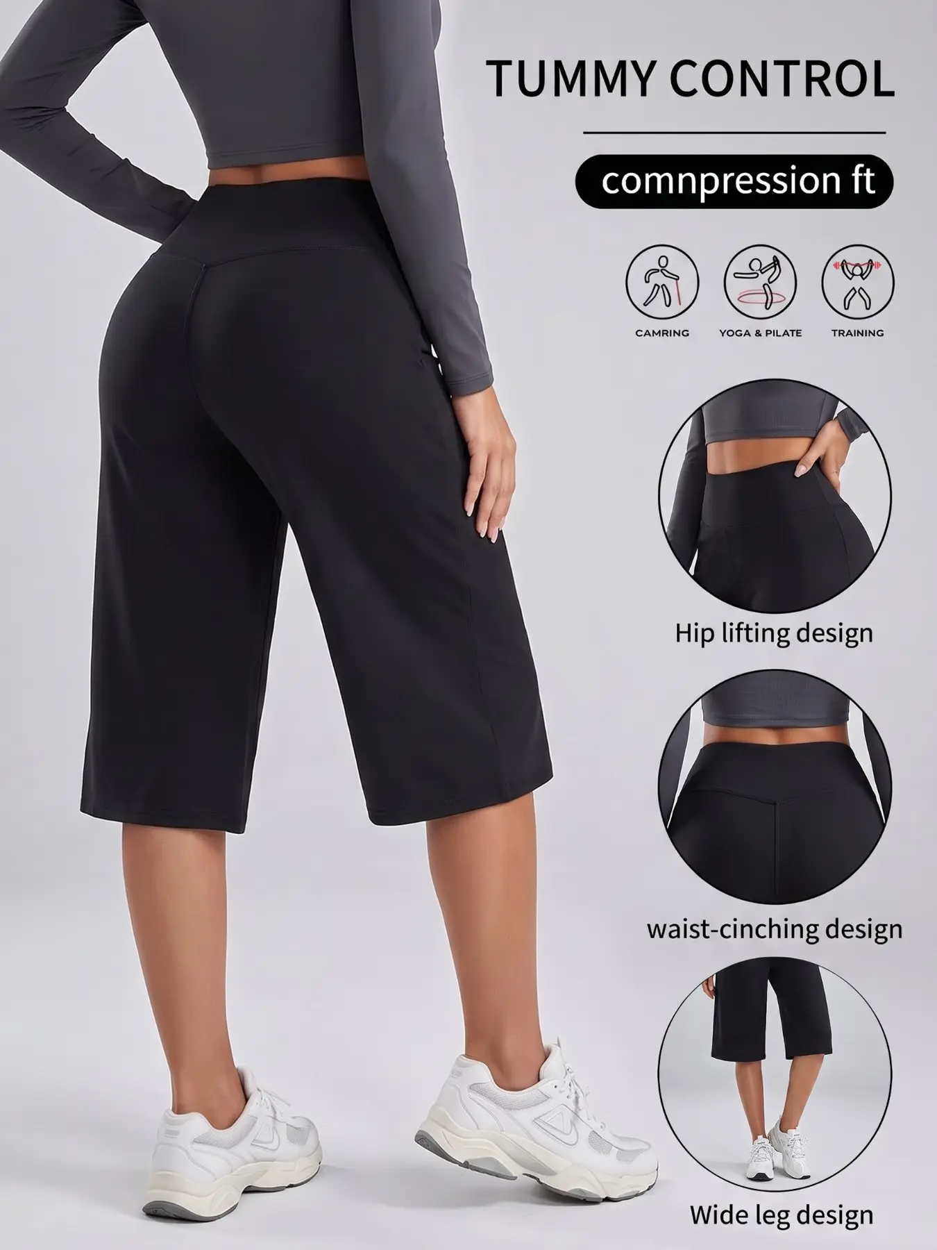 Women's High-Waisted Yoga Shorts, Wide Leg Compression Seven-Eighths Tight Pants, Butt Lifting Elastic Fitness Pants for Gym and Pilates