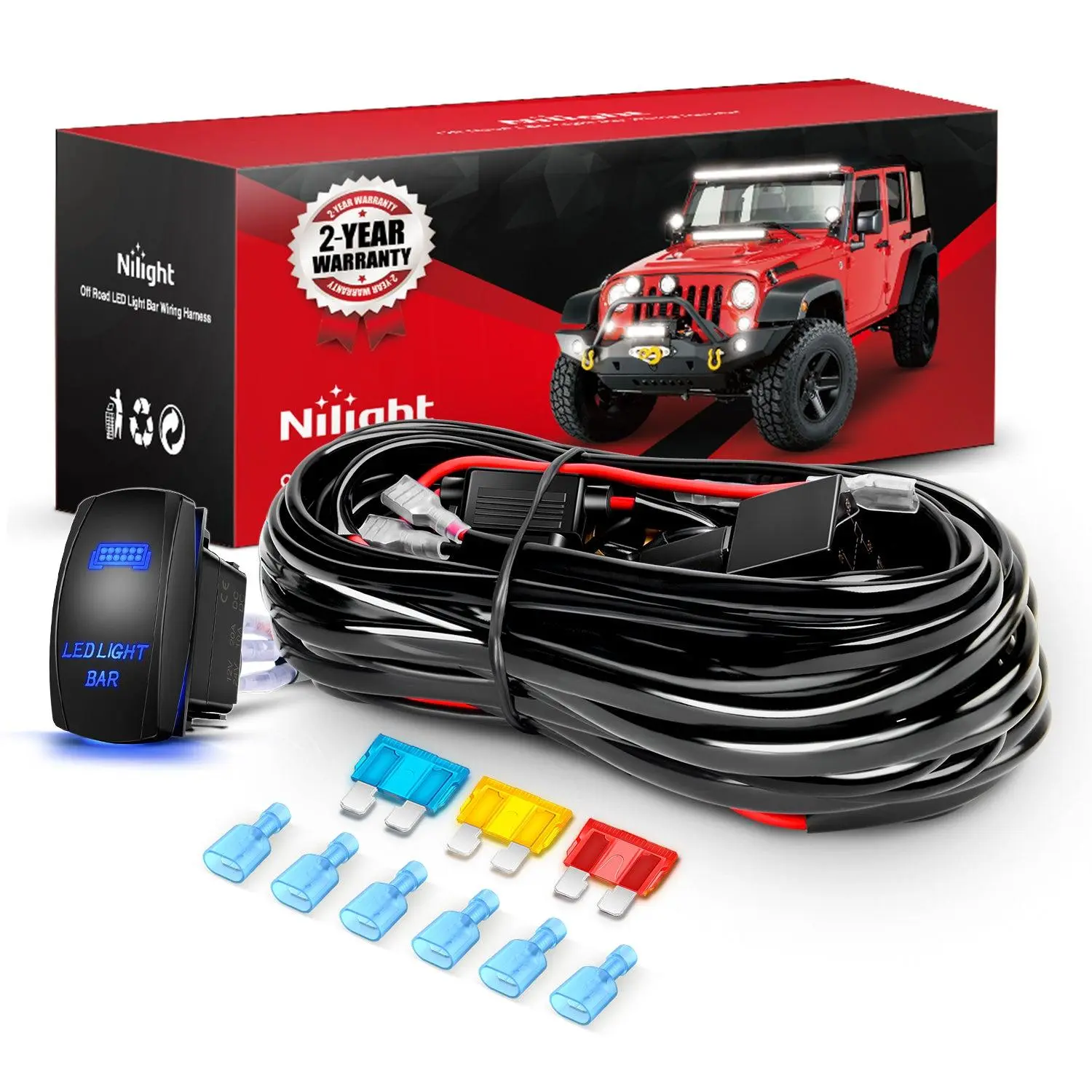 Nilight 14AWG LED Light Bar Wiring Harness Kit - 12V 5-Pin Rocker Switch, Waterproof Toggle Switch, Power Relay, Blade Fuse for Work Lights, Cars, Trucks, Motorcycles, Trailers, Campers, Ships - 3 Leads, Blue