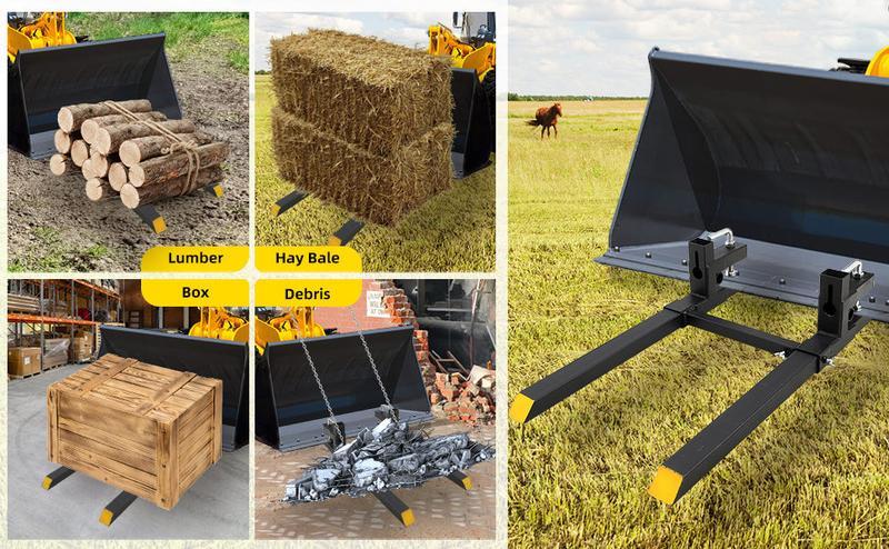 【GARVEE】Heavy Duty Clamp on Pallet Forks: 43" (2500lbs) & 60" (4000lbs) Sizes with Adjustable Stabilizer Bar for Quick Attachment to Bucket Tractors and Skid Steers, Perfect for Heavy Lifting and Material Handling.
