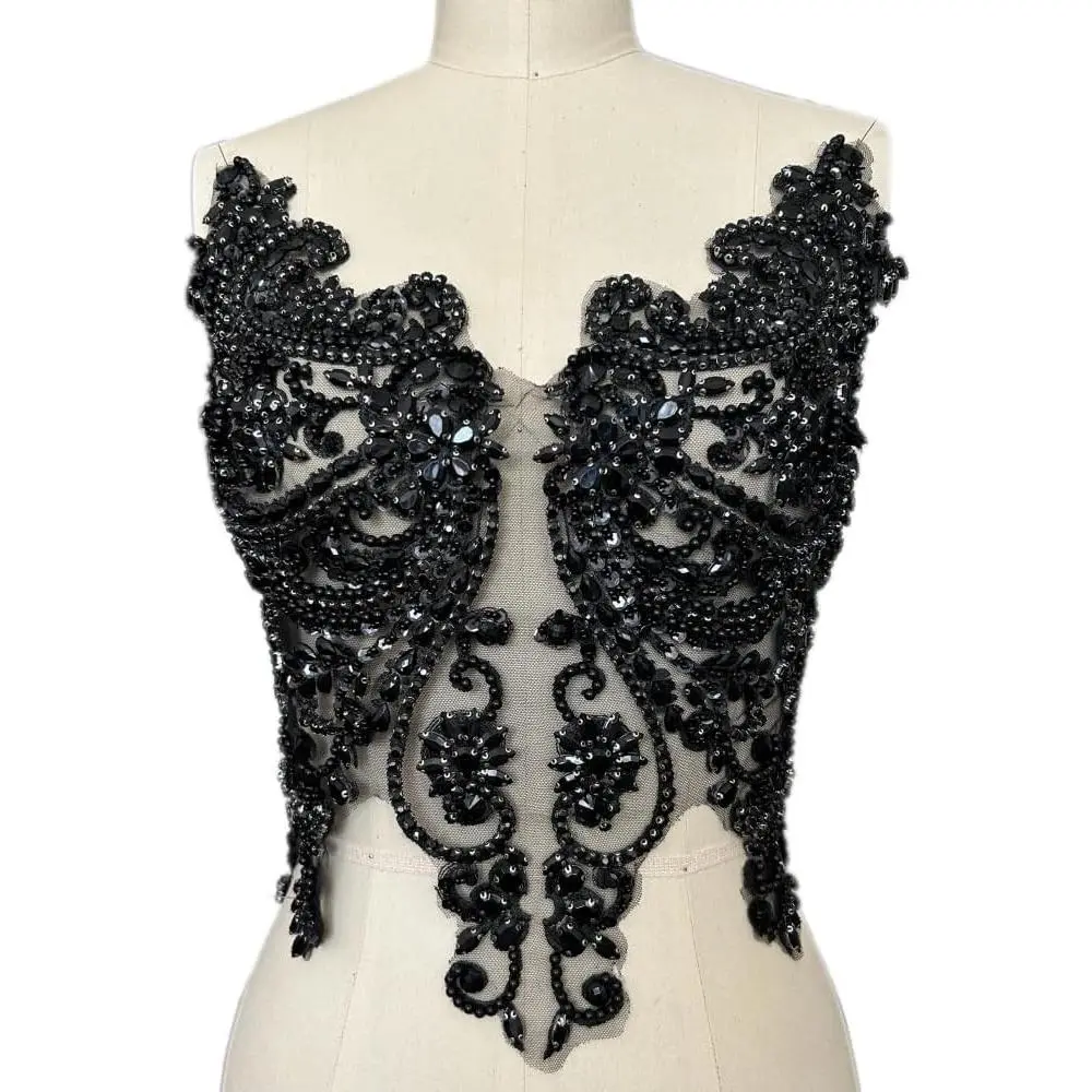 Handmade Rhinestones Lace Appliques Sew on Glass Beads Bodice Trim Patches Accessory for Dress Clothes (Black)