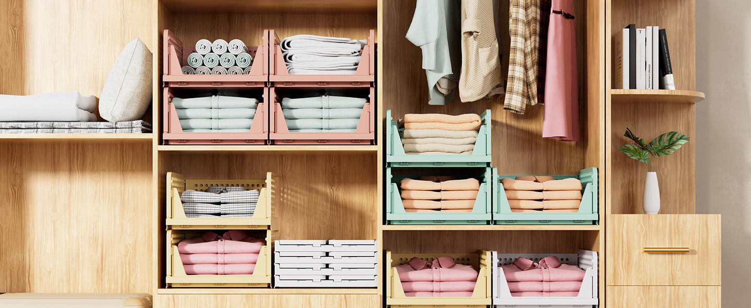 SNSLXH 5 Pack Stackable Closet Storage Basket, Multifunctional & Foldable Closet Organizer for Bathroom Kitchen Laundry Room Wardrobe Storage, Space-Saving Clothes Storage Drawer Organizer, White
