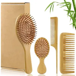 4-Piece Natural Bamboo Hair Comb Set, Wide Tooth Detangling & Scalp Massage Comb, Double-Sided Flat Comb & Rat Tail Styling Comb, Anti-Static Home Salon Hair Grooming Tools
