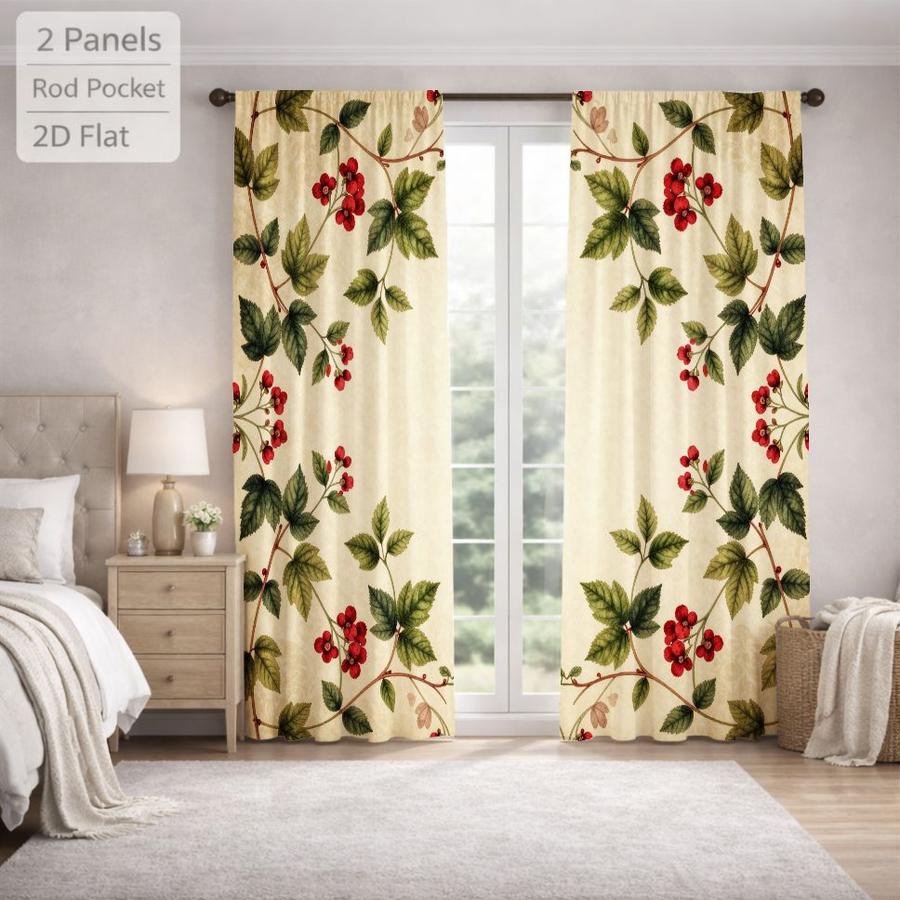 2Pcs Vintage Botanical Berry Leaf Pattern Sun Blocking Curtains Digital Printed Rod Pocket for Bedroom Office Kitchen Living Room Study Home Decor Multiple Sizes Soft Light Filter Easy Installation