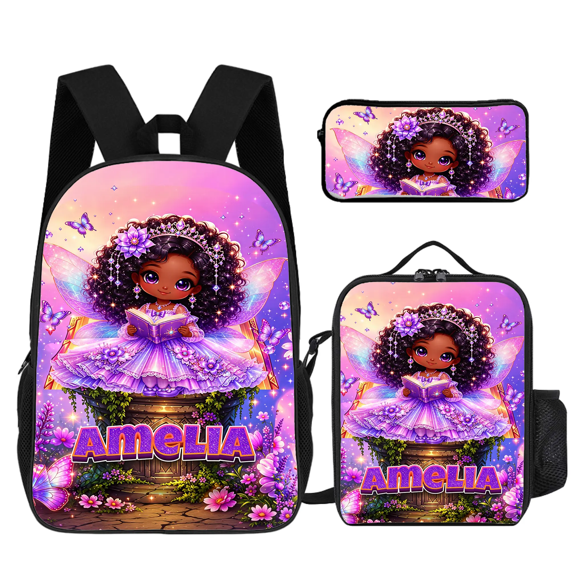 Afro Girl Princess 3Pcs Backpack Set For Girls, Magical Fairy Wing Graphic Student Bag With Gentle Cushioned Straps. Practical Independent Pocket Design, Hot Holiday Present For Daughters.   # TikTokMadeMeBuyIt # PrincessBackpackSet # GiftForDaughter