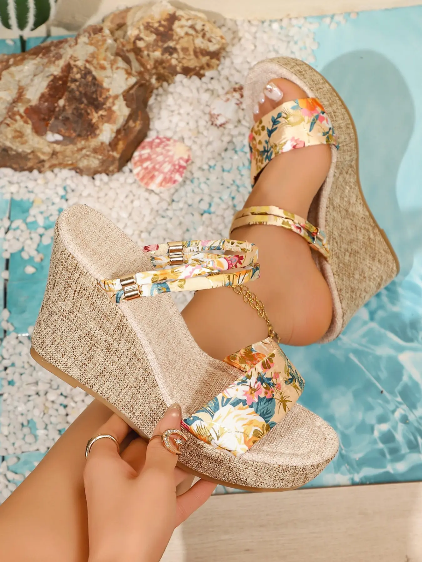 Women's Floral Print Double Buckle Wedge Sandals, Linen Woven Platform, Adjustable Ankle Strap, Summer Beach Casual Slides