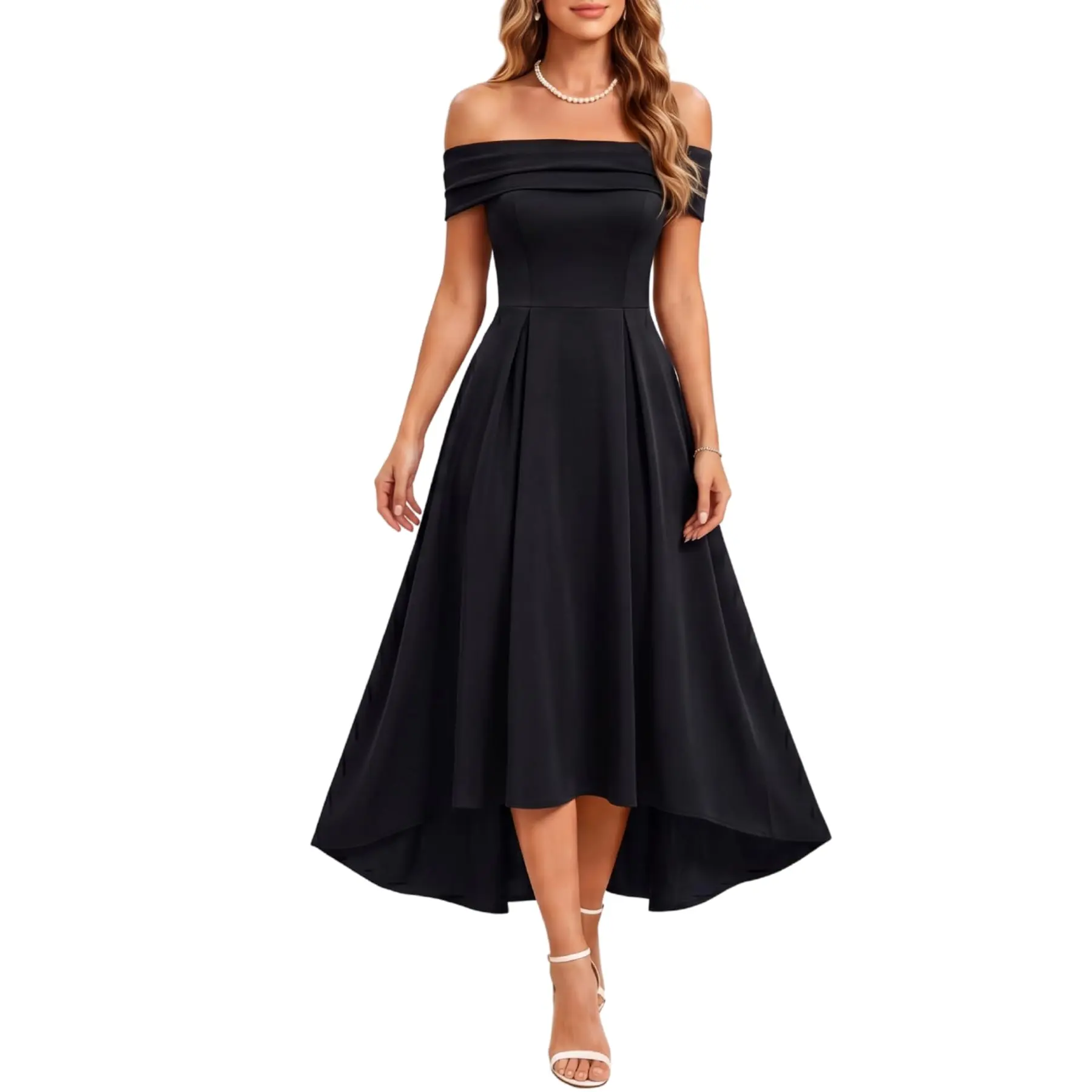PINUP FASHION Women's Off-Shoulder High-Low A-Line Midi Dress - Chic, Elegant Semi-Formal Cocktail Dress for Wedding Guest, Mother of the Bride, Going Out