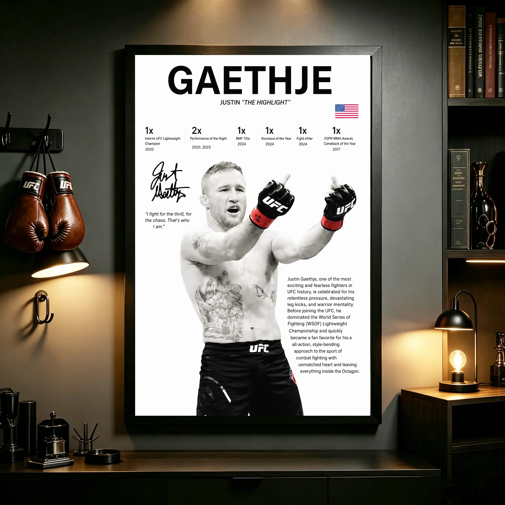 Justin Gaethje Framed Canvas Wall Art Poster, Black White UFC Fighter Stats Signature Poster Print, MMA Champion Award Info Wall Painting, Trendy Sports Decor For Man Cave Gym Bedroom, Gift For UFC MMA Fight Fans Collectors
