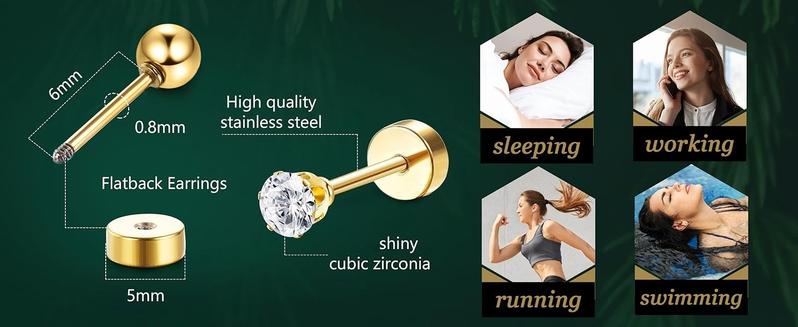 THUNARAZ 36 Pcs Tiny Piercing Flat Back Stud Earrings for Women Stainless Steel Hypoallergenic Cartilage Earrings Cubic Zirconia Tiny Ball Earrings Hoops Conch Helix Cartilage Jewelry for Daily Outings Summer Beach Vocation Christmas Gift