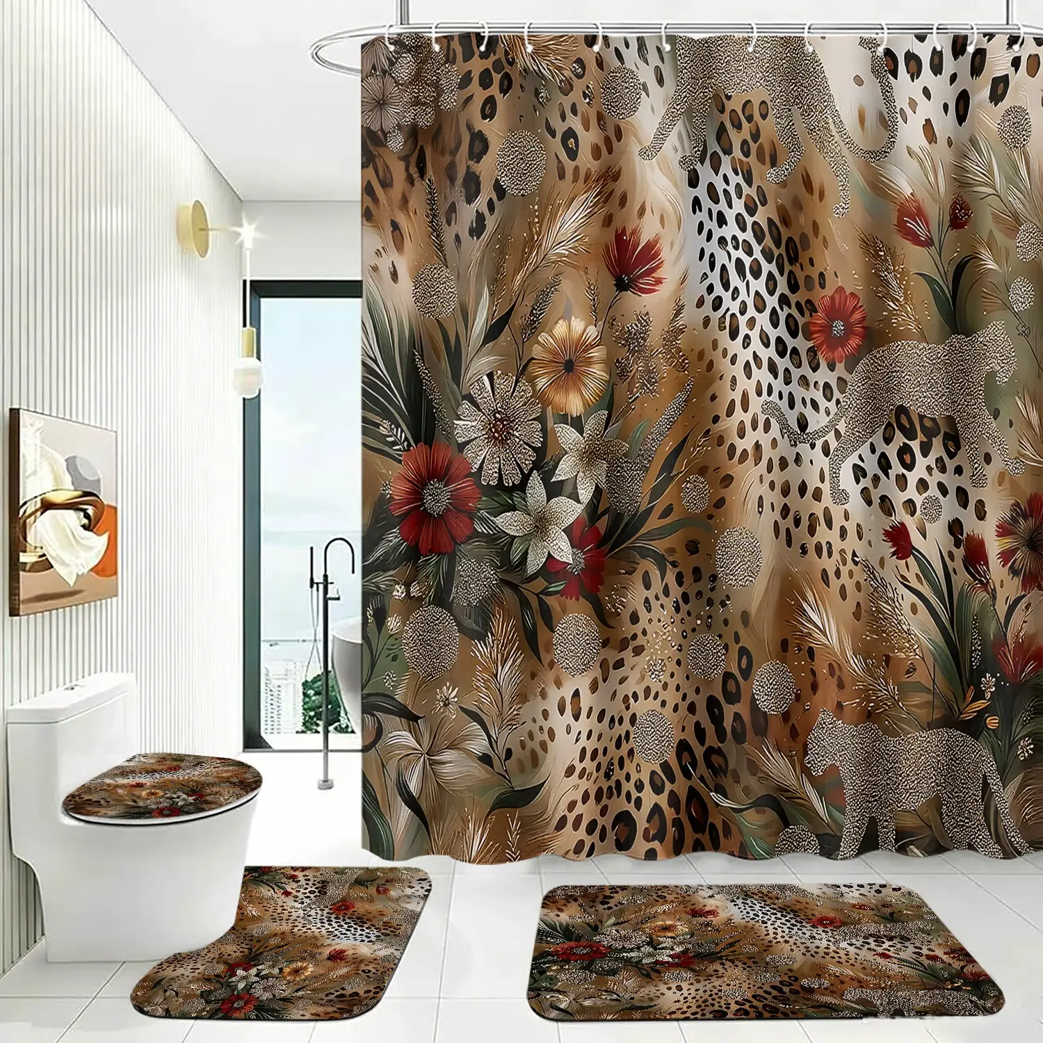 4pcs Leopard Cheetah Bathroom Set, Luxury Wild Animal Floral Shower Curtain, Non-Slip Rugs, The floor mat fabric is thicker and softer! Toilet Lid Cover,Exotic Tropical Decor
