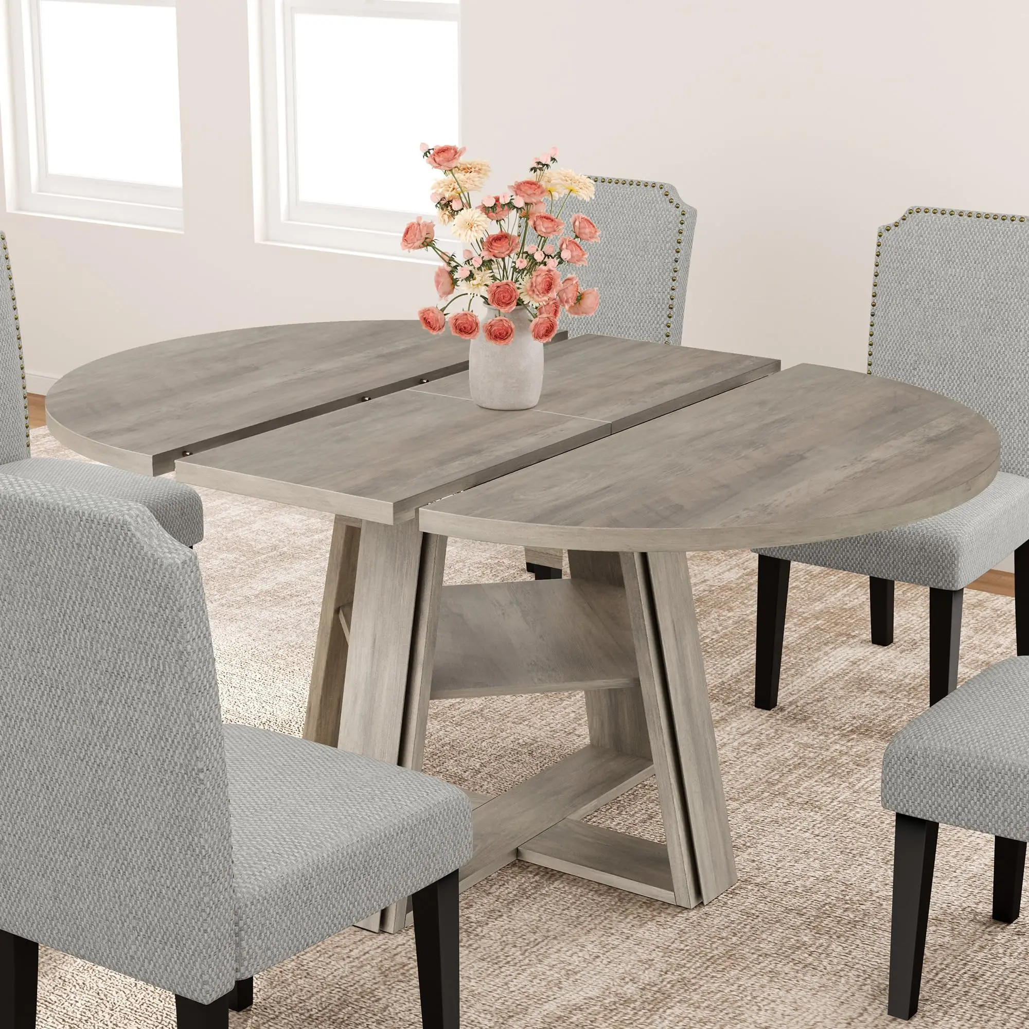 43.3"-59" Extendable Round to Oval Dining Table for 6, Removable Leaf, Storage Shelf, Wood Cross Base, Brown Table for Kitchen & Dining Room