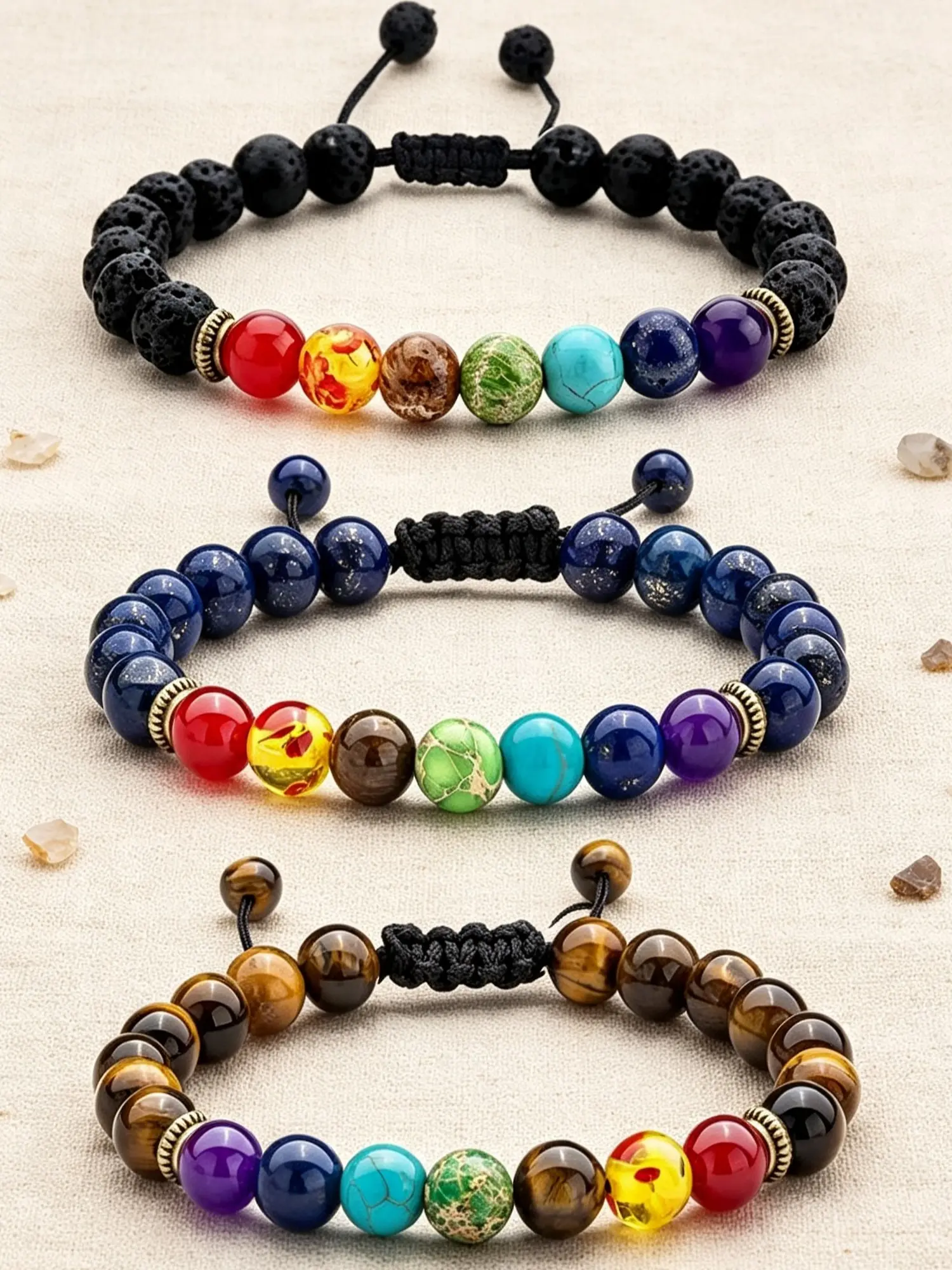 Unisex Rainbow Chakra Bead Bracelet, Ethnic Style Jewelry, Made with 8mm Volcanic Rock Natural Stone, Fits 16-28cm Wrist Circumference