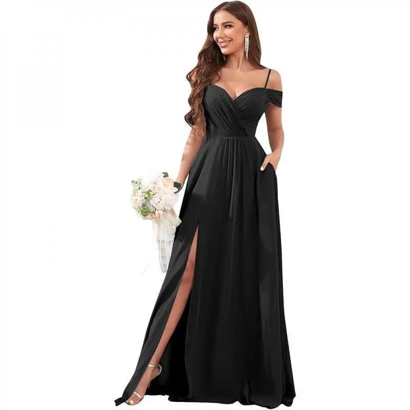 Off-Shoulder Bride and Bridesmaid Dress Long Slit Chiffon Ruched Evening Dress with Pockets Women's Comfortable Thin Strap Ruched Dress
